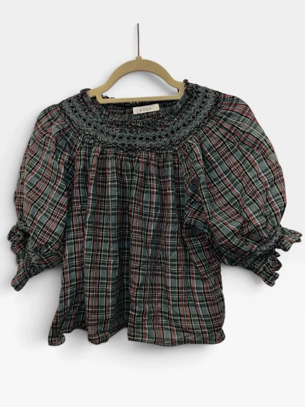 DÔEN Artemisia Top Pond Promenade Plaid smocking puff sleeve XS
